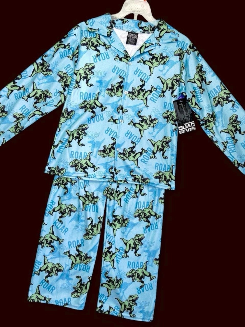 NWT Quad Seven Boys SZ (12/14) Blue Dinosaur Pajama Pant Shirt Set